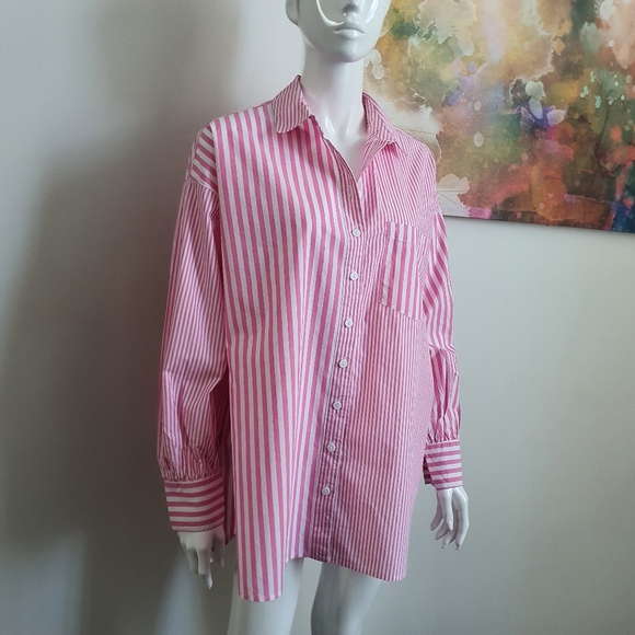 Decjuba Oversized Striped Pink White Button Up Shirt Size S NWOT - Picture 10 of 11